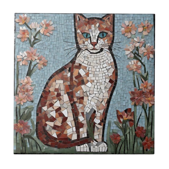 Tiled Mosaic Cat in the Flower Garden  Tile (Front)
