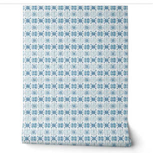 Tiled Ocean Bloom Mini - Teal, White - Coastal Wallpaper