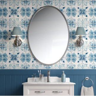Tiled Ocean Bloom - Teal, White - Coastal Wallpaper