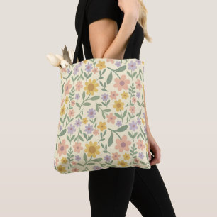 Tiled Painted Flowers in Lavender Peach Yellow Tote Bag