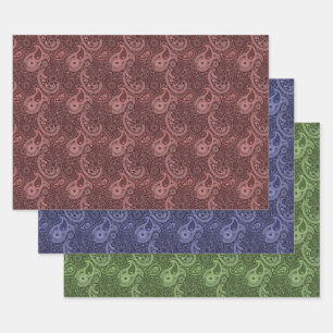 Tiled Paisley Pattern Red Blue Green Oldfashioned Wrapping Paper Sheet