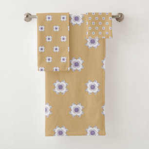 Tiled Purple Gold Floral-Look Fractal Art Golden Bath Towel Set
