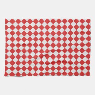 Tiled Red and White Diagonal Woven Pattern Kitchen Towel