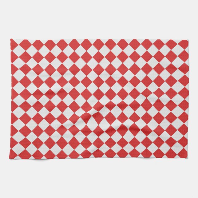 Tiled Red and White Diagonal Woven Pattern Kitchen Towel (Horizontal)