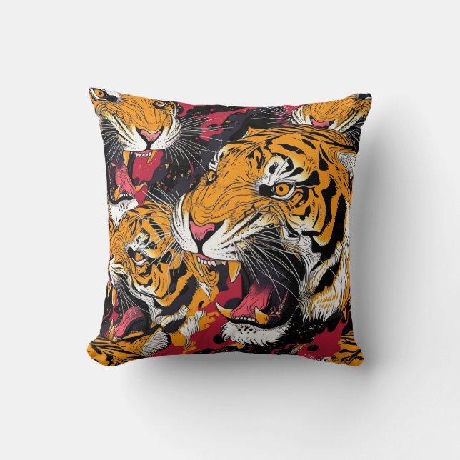 Tiled Snarling Tiger Pattern Throw Pillow (Front)