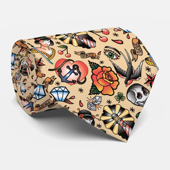 Tiled Tattoo pattern cool Tie (Rolled)