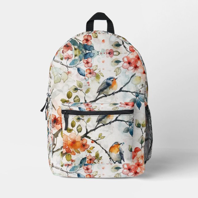 Tiled Watercolor Birds Pattern Printed Backpack (Front)