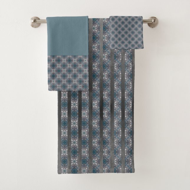 Tiles and Grey Stripes in Shades of Teal Bath Towel Set (Insitu)