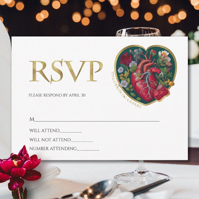 Till Death Do Us Part Goth Heart Gold Halloween RSVP Card (Creator Uploaded)