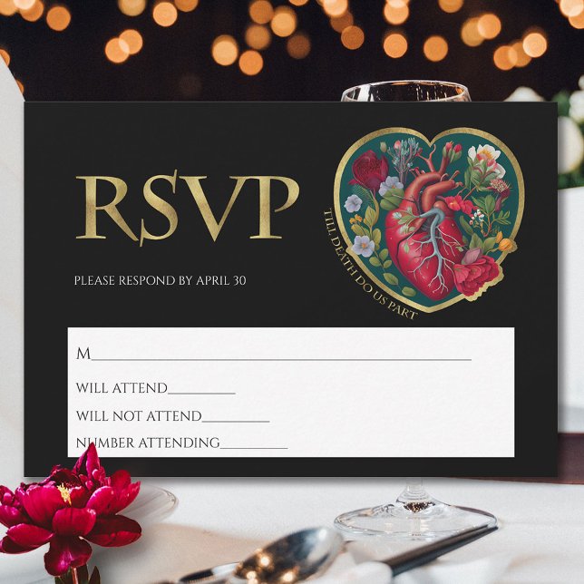 Till Death Do Us Part Goth Heart Gold Halloween RSVP Card (Creator Uploaded)