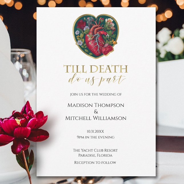 Till Death Do Us Part Goth Heart Halloween Gold Invitation (Creator Uploaded)