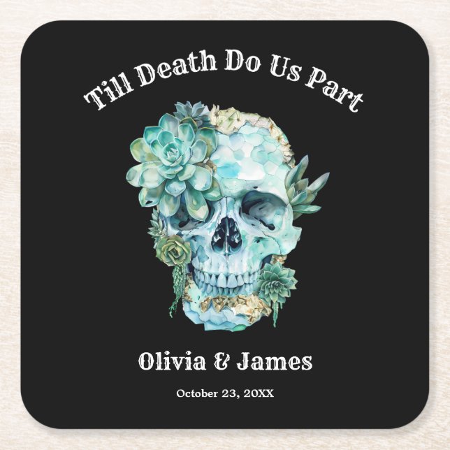 Till Death Do Us Part Gothic Halloween Wedding  Square Paper Coaster (Front)