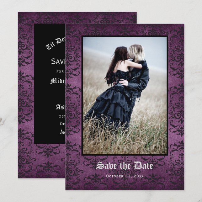 Till Death Do Us Part Gothic Purple Damask Photo   Save The Date (Front/Back)