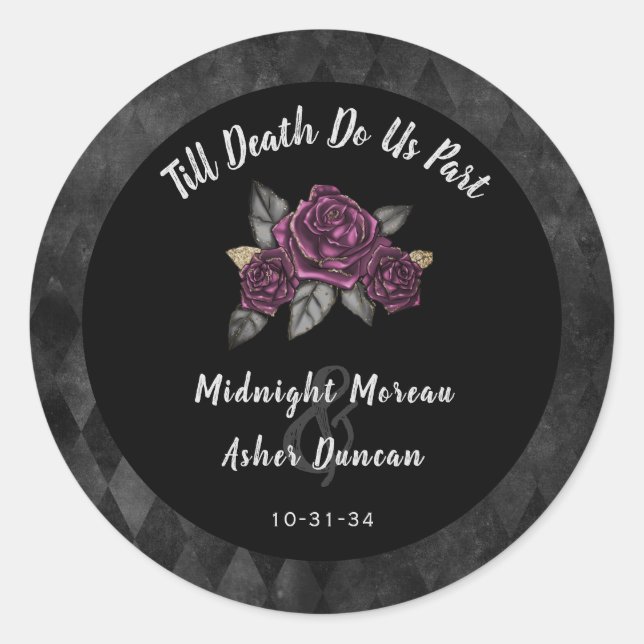 Till Death Do Us Part Gothic Rose Black Wedding Classic Round Sticker (Front)