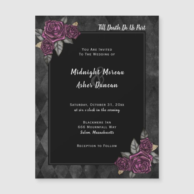 Till Death Do Us Part Gothic Rose Black Wedding Magnetic Invitation (Front)