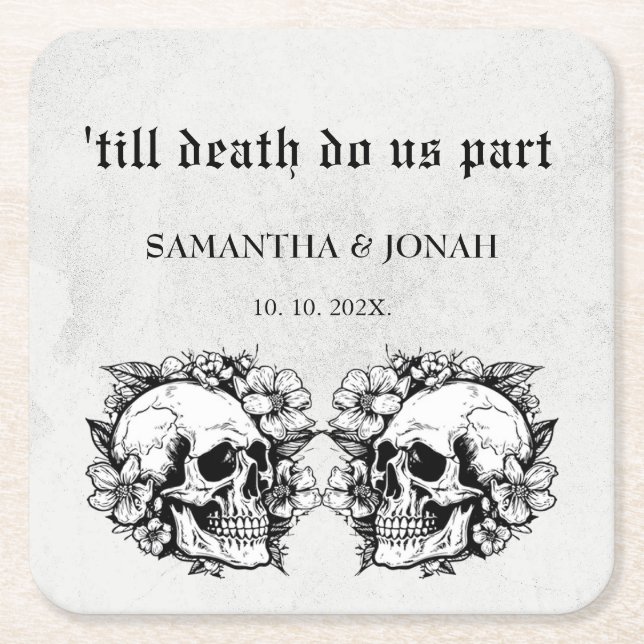 till death do us part Gothic Skulls Wedding Favour Square Paper Coaster (Front)