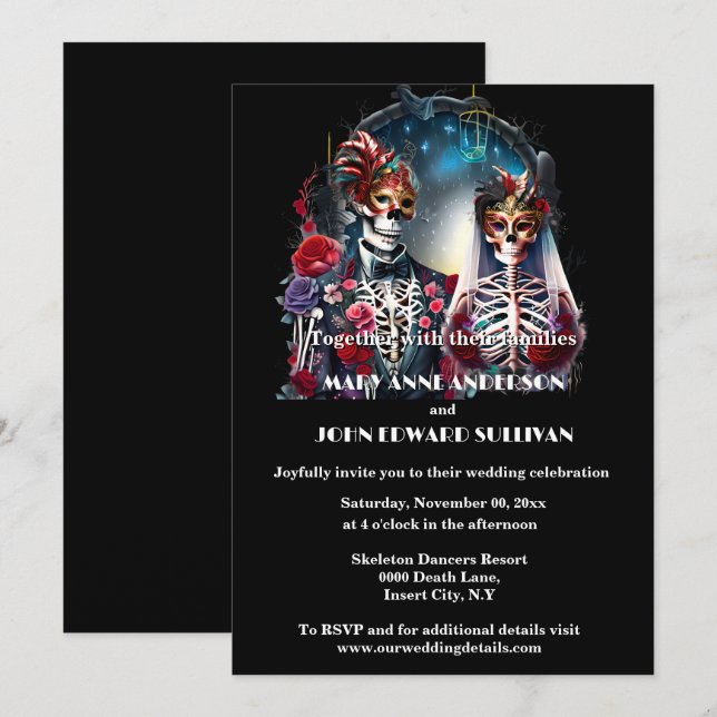 Till death do us part masquerade skeleton couple invitation (Front/Back)