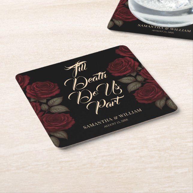 Till Death Do Us Part Red Rose Wedding Square Paper Coaster (Angled)