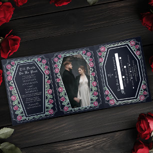 Till Death Do Us Part Rose Blue Gothic Wedding Tri-Fold Invitation