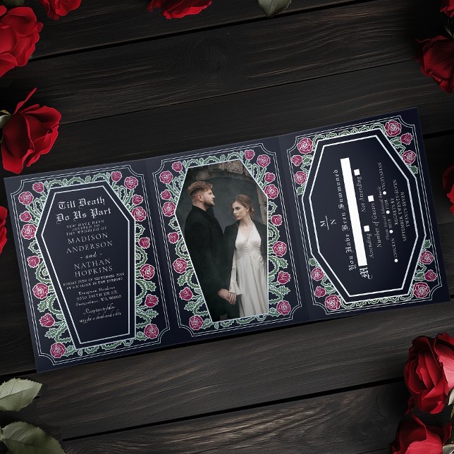 Till Death Do Us Part Rose Blue Gothic Wedding Tri-Fold Invitation (Creator Uploaded)