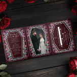 Till Death Do Us Part Rose Red Gothic Wedding Tri-Fold Invitation<br><div class="desc">Make a bold statement of eternal love. This gothic wedding invitation features ‘Till Death Do Us Part’ in a coffin-shaped frame, adorned with thorns, roses, and silver accents against a red background. Perfect for a hauntingly romantic celebration! Personalize the text, font, and background colour to suit your design preferences. Matching...</div>
