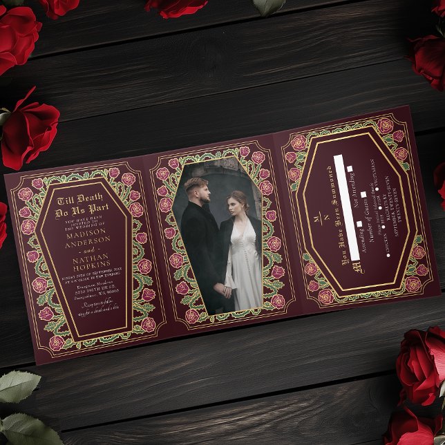 Till Death Do Us Part Rose Red Gothic Wedding Tri-Fold Invitation (Creator Uploaded)