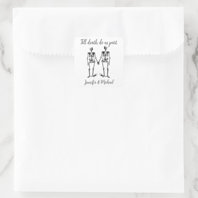 Till death do us part Skeleton Couple Name Black Square Sticker (Bag)