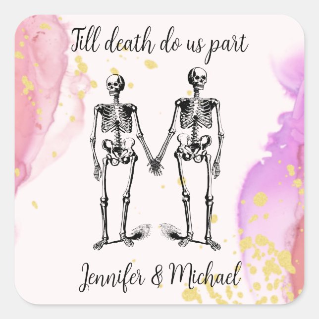 Till death do us part Skeleton Couple Name blush   Square Sticker (Front)