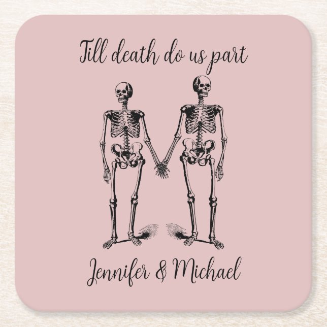 Till death do us part Skeleton Couple Name Rose Square Paper Coaster (Front)