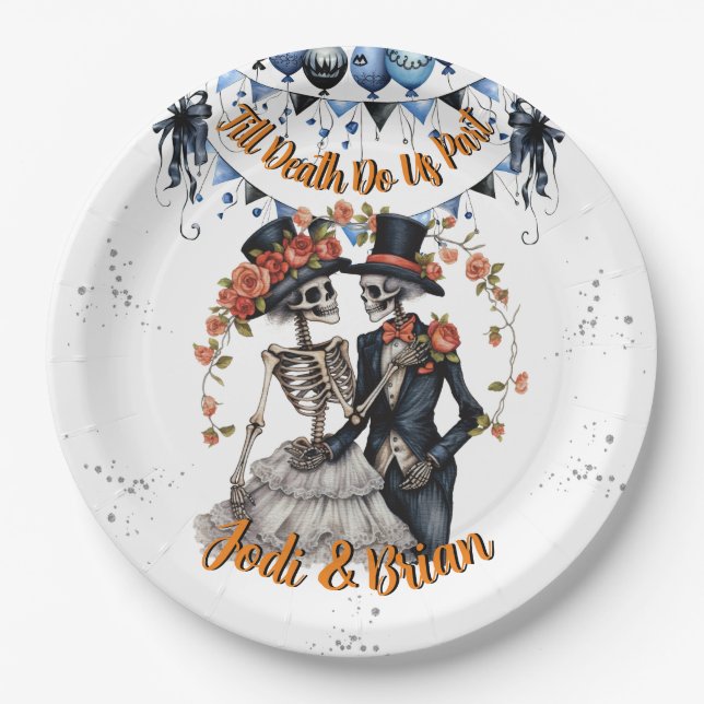 Till Death Do Us Part Skeleton Halloween Wedding Paper Plate (Front)