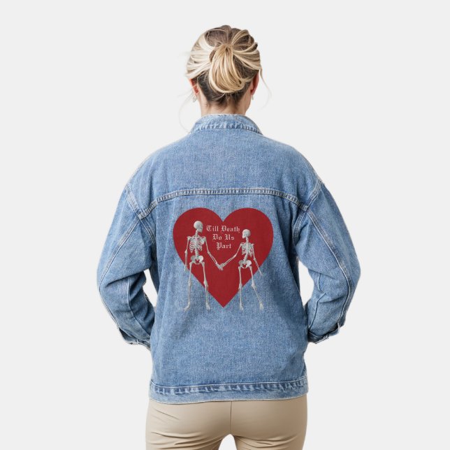 Till Death Do Us Part Skeleton & Red Heart Denim Jacket (Model)