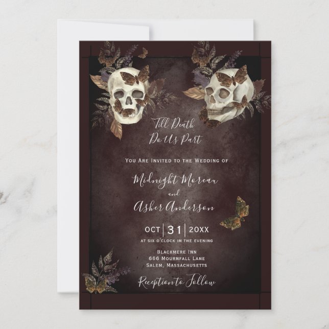 Till Death Do Us Part Skulls Butterflies Burgandy  Invitation (Front)