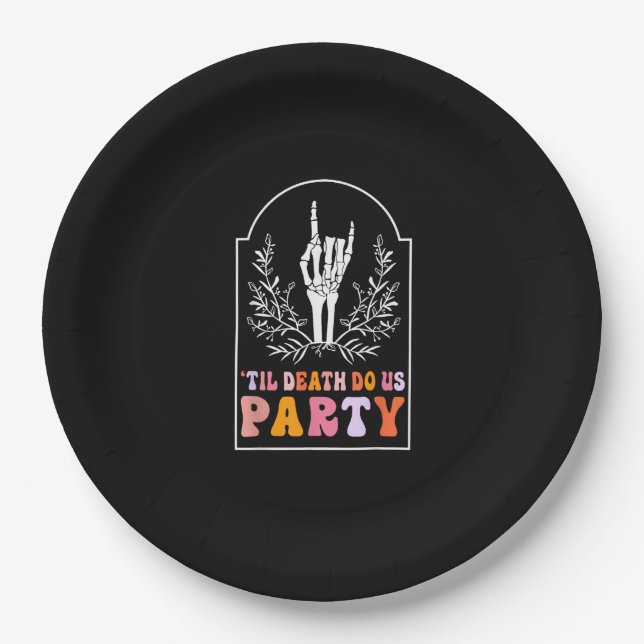 Till Death Do Us Party Skeleton Retro Groovy Bache Paper Plate (Front)