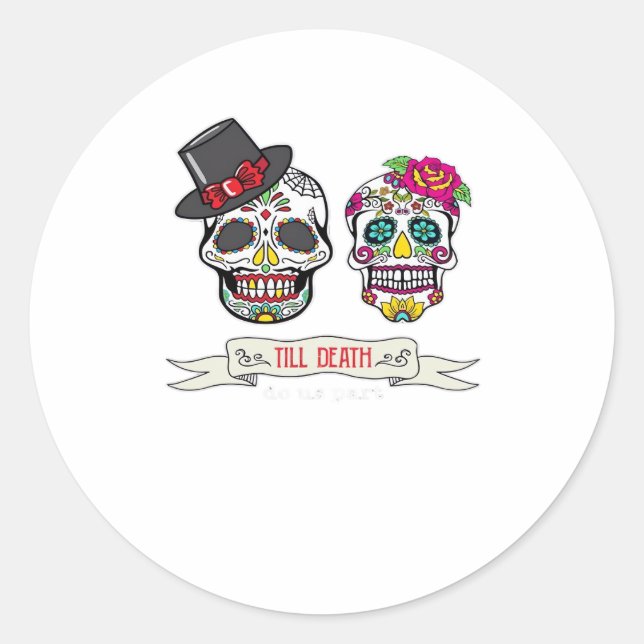 Till Death Do Us Skull Wedding Bride And Groom Pri Classic Round Sticker (Front)