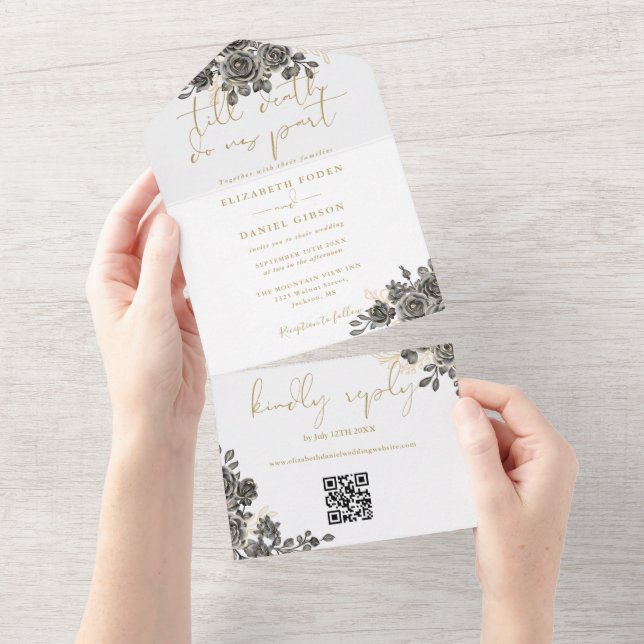 Till Death Gold Gothic Roses QR Code Wedding All In One Invitation (Tearaway)