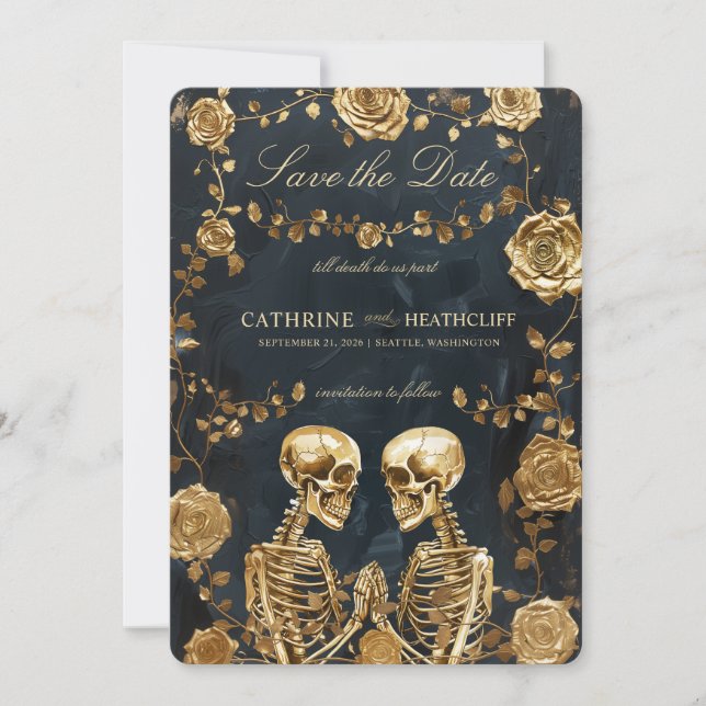 TILL DEATH Gold Skeletons and Roses Save the Date Invitation (Front)