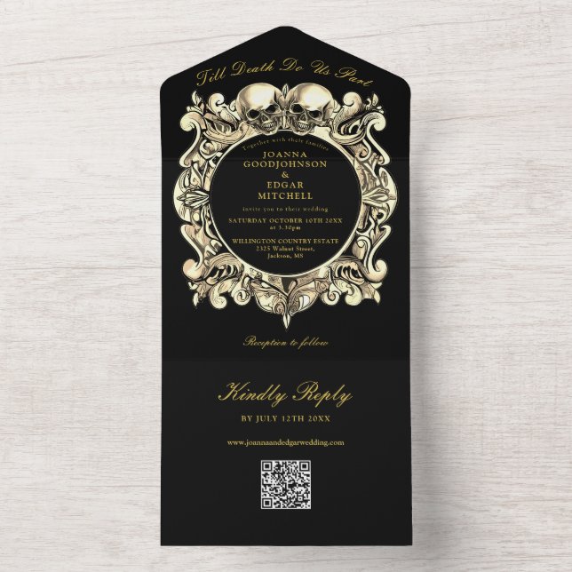 Till Death Gothic Black And Gold QR Code Wedding All In One Invitation (Inside)