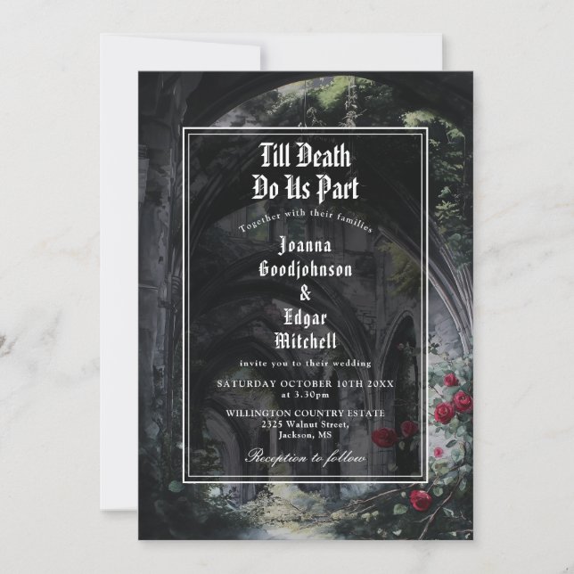 Till Death Gothic Ruins Roses Monogram Wedding Invitation (Front)