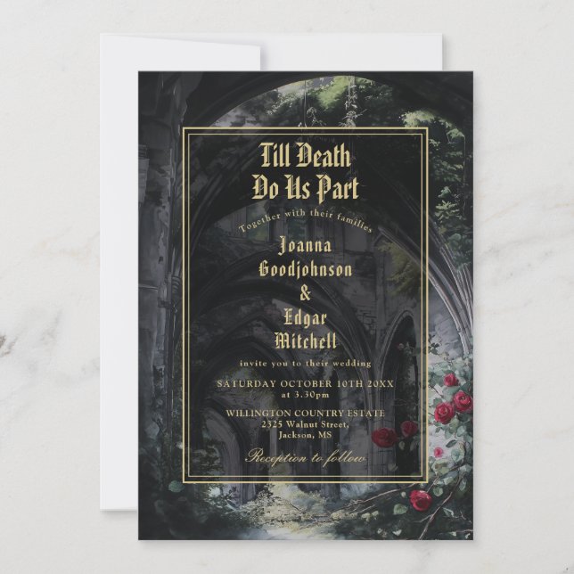 Till Death Gothic Ruins Roses Monogram Wedding Invitation (Front)