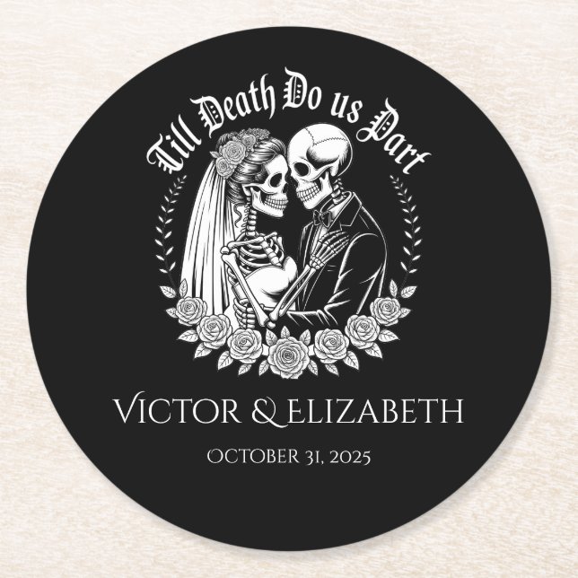 Till Death Gothic Skeleton Couple Black Wedding Round Paper Coaster (Front)