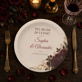 Till Death Gothic Wedding Paper Plates Black Gold