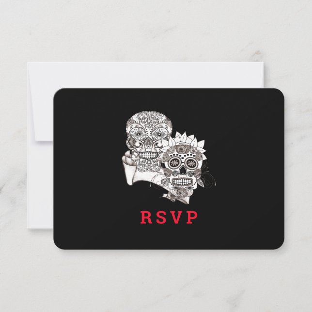 Till Death Us Do Part Skulls Red Black Wedding RSVP Card (Front)