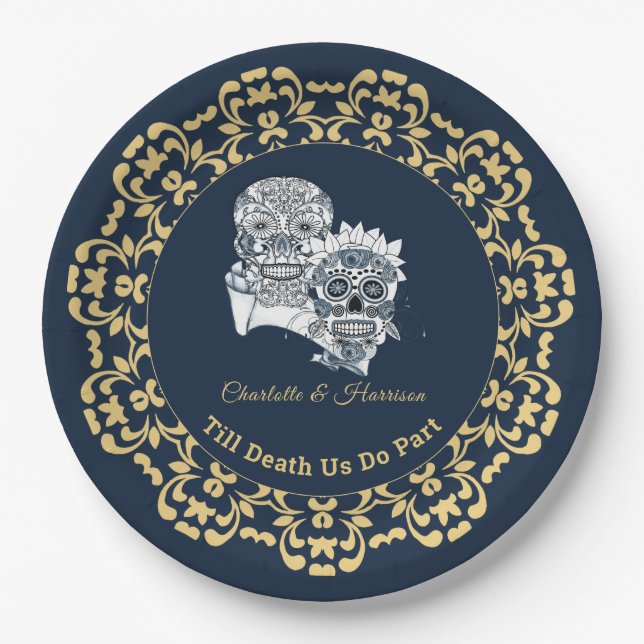 Till Death Us Do Part Sugar Skulls Wedding Paper Plate (Front)