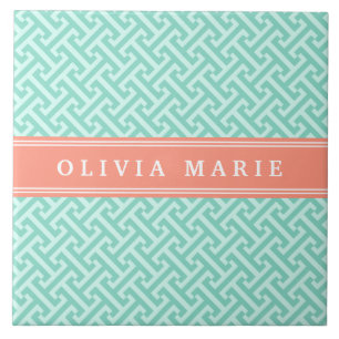 Tilted Dark Mint Greek Key Pattern Coral Name Tile