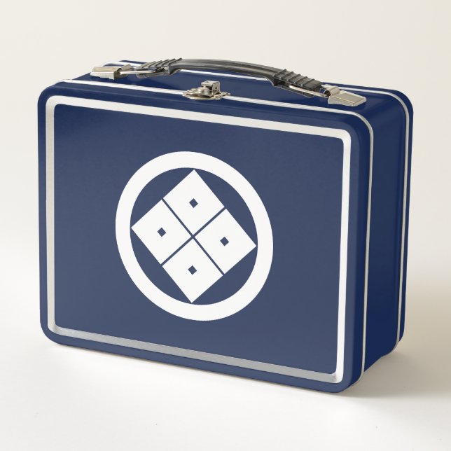 Tilted four-square-eyes in circle metal lunch box (Front)