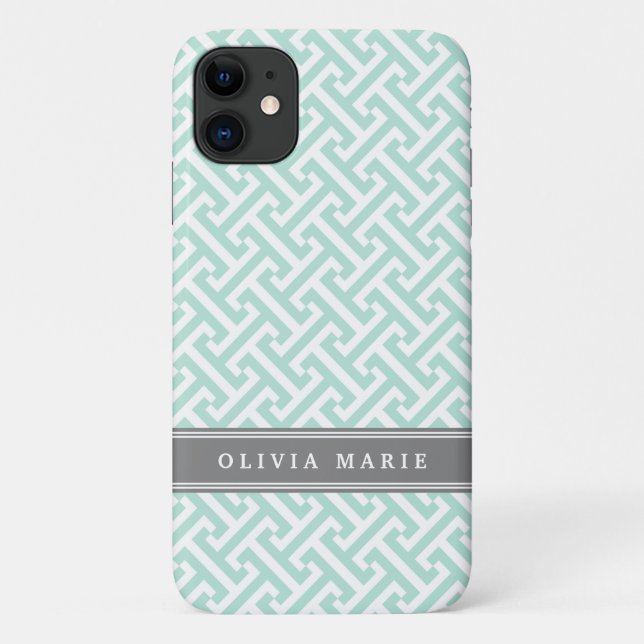 Tilted Mint Green Greek Key Pattern with Name Case-Mate iPhone Case (Back)