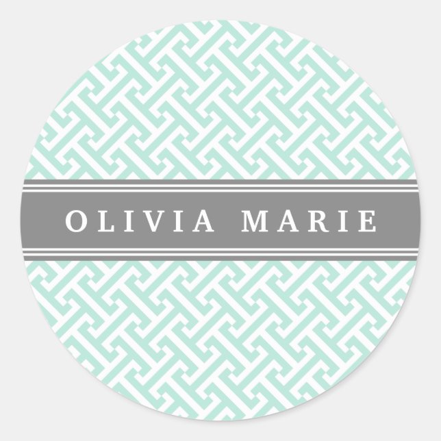 Tilted Mint Green Greek Key Pattern with Name Classic Round Sticker (Front)