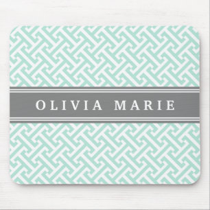 Tilted Mint Green Greek Key Pattern with Name Mouse Pad
