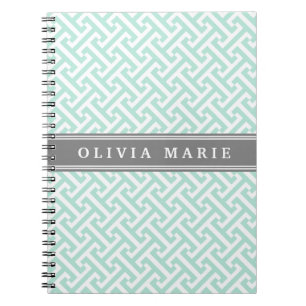 Tilted Mint Green Greek Key Pattern with Name Notebook
