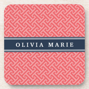 Tilted Watermelon Pink Greek Key Pattern with Name Coaster